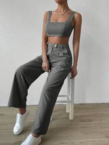 SHEIN EZwear Solid Crop Tank Top & Wide Leg Trousers - Grey - View 3