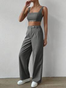 SHEIN EZwear Solid Crop Tank Top & Wide Leg Trousers - Grey - View 6
