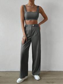 SHEIN EZwear Solid Crop Tank Top & Wide Leg Trousers - Grey - View 7