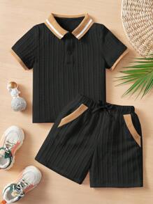 SHEIN Leap Crew Young Boy Contrast Trim Polo Shirt & Knot Waist Shorts