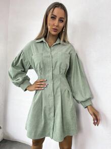 Flirla 灯笼袖褶饰细节双口袋灯芯绒衬衫裙灯芯绒女装