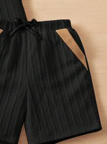 SHEIN Leap Crew Young Boy Contrast Trim Polo Shirt & Knot Waist Shorts