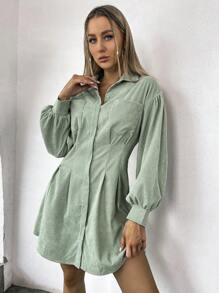 Flirla 灯笼袖褶饰细节双口袋灯芯绒衬衫裙灯芯绒女装