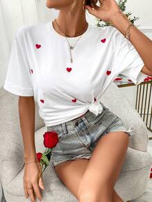 SHEIN Frenchy Camiseta con estampado de corazón de cuello redondo - Blanco - Ver 3