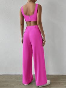 SHEIN EZwear 素色短款背心和闊腿褲 - 玫紅色 - 查看 2