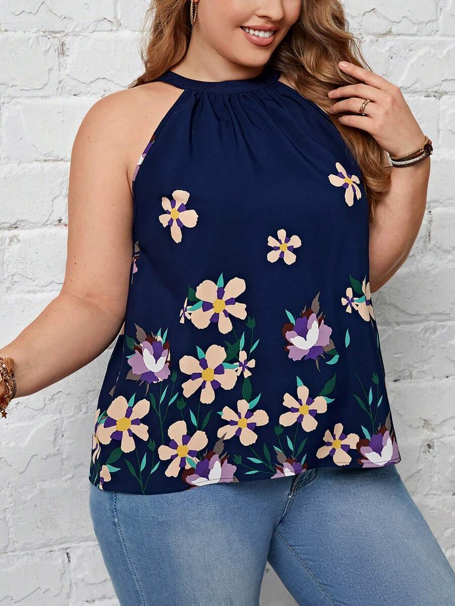 SHEIN Clasi Plus Floral Print Halter Top - Multicolor - View 1