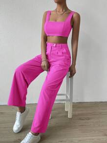 SHEIN EZwear 素色短款背心和闊腿褲 - 玫紅色 - 查看 3