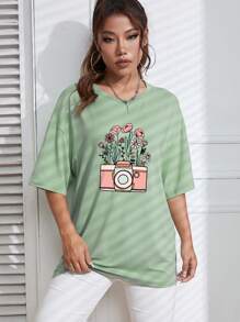 SHEIN Qutie Camiseta de hombros caídos cámara con con estampado floral - verde menta - Ver 3