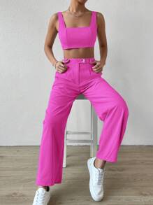 SHEIN EZwear 素色短款背心和闊腿褲 - 玫紅色 - 查看 4