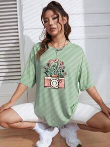SHEIN Qutie Camiseta de hombros caídos cámara con con estampado floral - verde menta - Ver 4