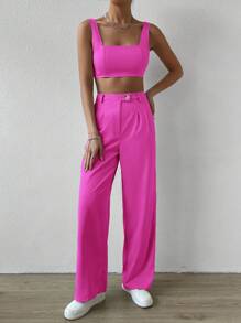 SHEIN EZwear 素色短款背心和闊腿褲 - 玫紅色 - 查看 6