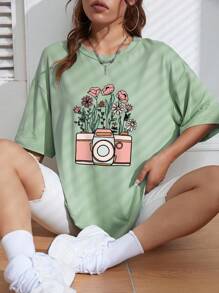 SHEIN Qutie Camiseta de hombros caídos cámara con con estampado floral - verde menta - Ver 6