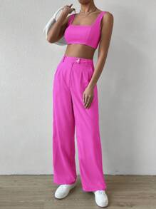SHEIN EZwear 素色短款背心和闊腿褲 - 玫紅色 - 查看 7