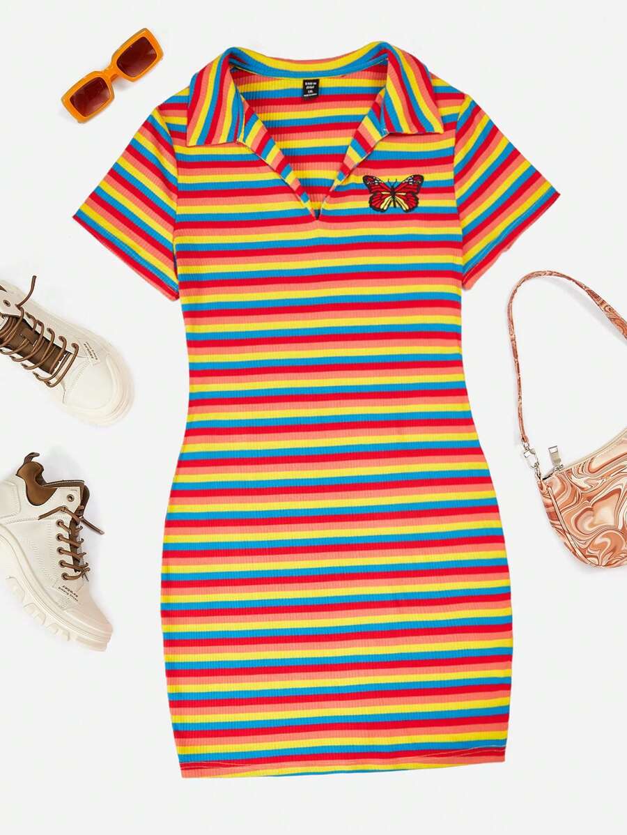 SHEIN Qutie Đầm Plus Size Thêu Gân đan sọc cầu vồng Loại bướm Gợi cảm - Nhiều màu - Xem 1