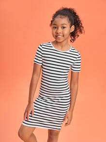 SHEIN Girls Striped Print Tee Dress - Black and White - View 1