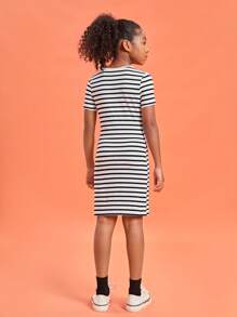 SHEIN Girls Striped Print Tee Dress - Black and White - View 2