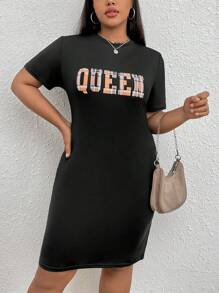 SHEIN EZwear 大碼字母圖案連衣裙 - 黑色 - 查看 3