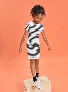 SHEIN Girls Striped Print Tee Dress - Black and White - View 3
