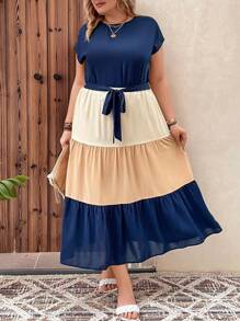 SHEIN VCAY Bộ thời trang Plus Size Thắt lưng Viên lá sen Khối Màu Giải trí - Màu xanh hải quân - Xem 2