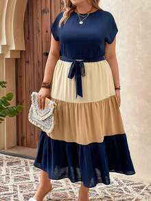 SHEIN VCAY Bộ thời trang Plus Size Thắt lưng Viên lá sen Khối Màu Giải trí - Màu xanh hải quân - Xem 4