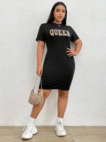 SHEIN EZwear 大碼字母圖案連衣裙 - 黑色 - 查看 6