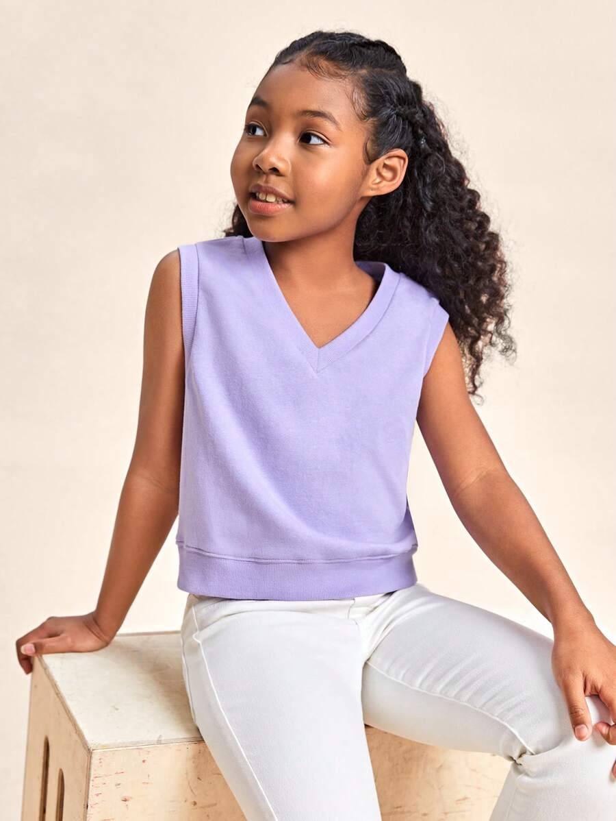 SHEIN Tween Girl Solid V Neck Sweatshirt - Lilac Purple - View 1