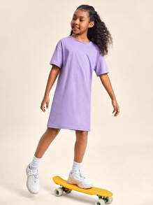 SHEIN 女孩100%棉素色落肩T恤洋裝 - 紫丁香色 - 查看 3