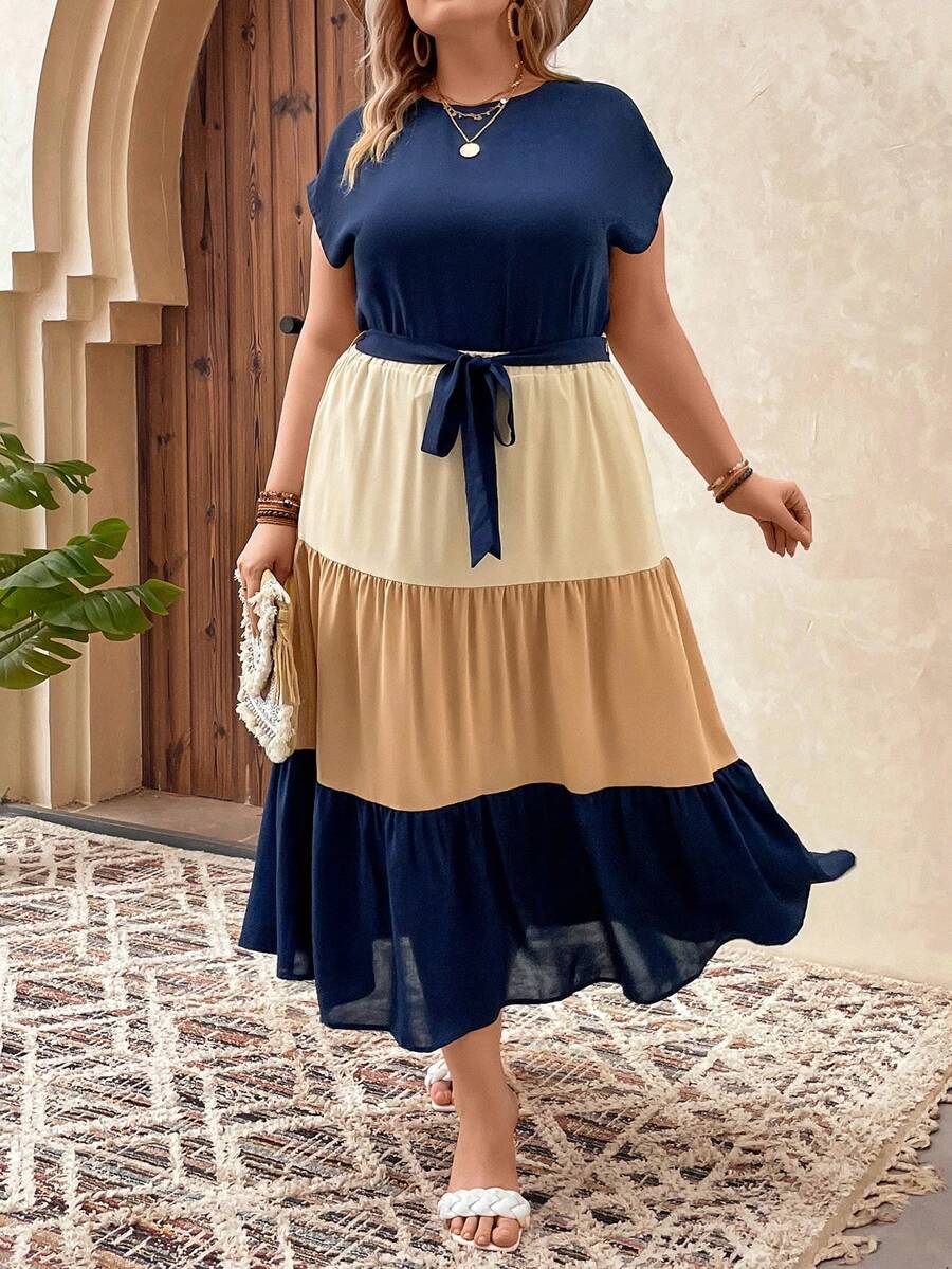 SHEIN VCAY Bộ thời trang Plus Size Thắt lưng Viên lá sen Khối Màu Giải trí - Màu xanh hải quân - Xem 1