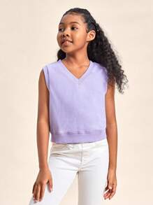 SHEIN Tween Girl Solid V Neck Sweatshirt - Lilac Purple - View 3