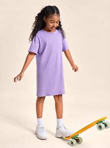 SHEIN 女孩100%棉素色落肩T恤洋裝 - 紫丁香色 - 查看 4