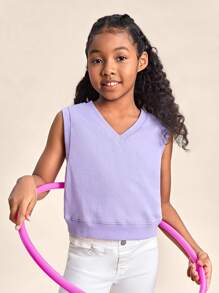 SHEIN Tween Girl Solid V Neck Sweatshirt - Lilac Purple - View 5