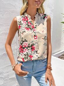 SHEIN LUNE 印花缺口領無袖襯衫 - 彩色 - 查看 1