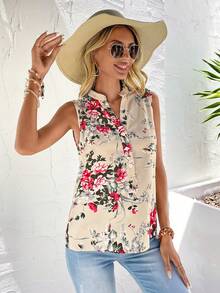 SHEIN LUNE 印花缺口領無袖襯衫 - 彩色 - 查看 3