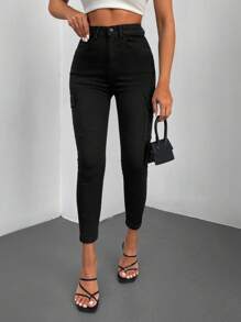 EURMUSE Flap Pocket Side Skinny Jeans - Black - View 1