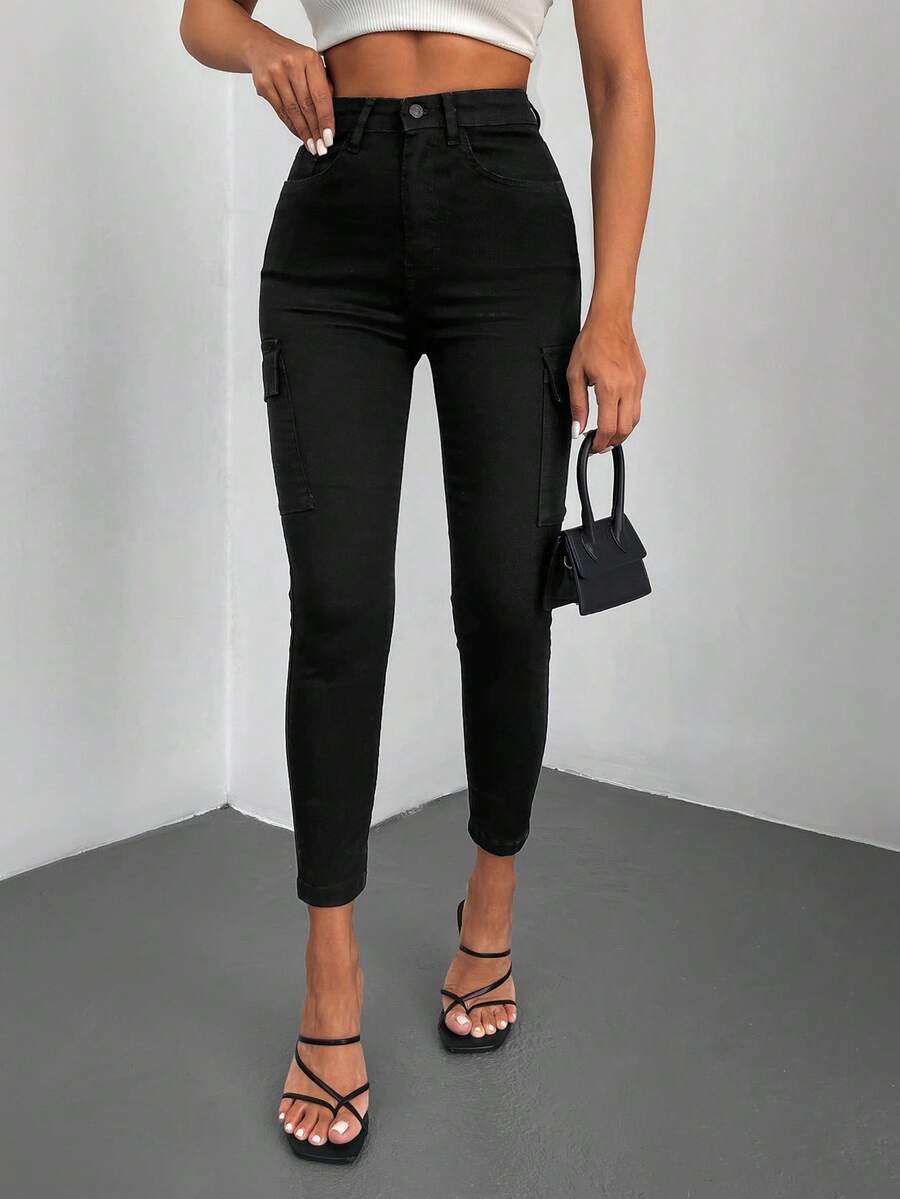 EURMUSE Flap Pocket Side Skinny Jeans - Black - View 1