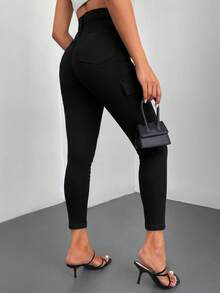 EURMUSE Flap Pocket Side Skinny Jeans - Black - View 2