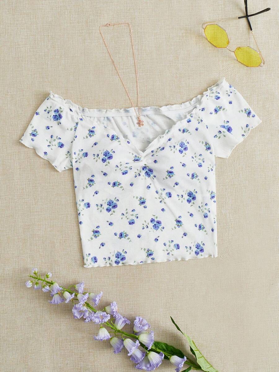 SHEIN Qutie 碎花一字肩短款T恤