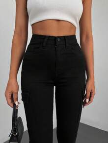 EURMUSE Flap Pocket Side Skinny Jeans - Black - View 3