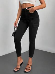 EURMUSE Flap Pocket Side Skinny Jeans - Black - View 4