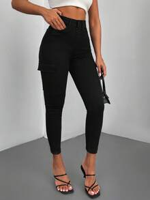EURMUSE Flap Pocket Side Skinny Jeans - Black - View 5