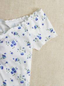 SHEIN Qutie 碎花一字肩短款T恤