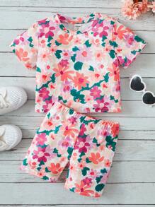 SHEIN 2pcs/Set Young Girl Floral Print Round Neck Short Sleeve T-Shirt And Shorts, Holiday Matching Set - Multicolor - View 5