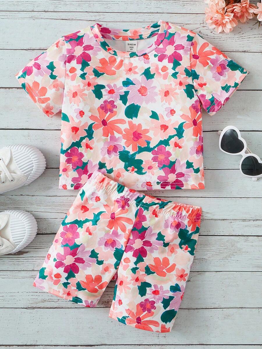 SHEIN 2pcs/Set Young Girl Floral Print Round Neck Short Sleeve T-Shirt And Shorts, Holiday Matching Set - Multicolor - View 1