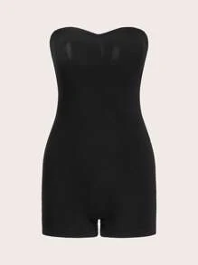 SHEIN EZwear 素色抹胸緊身連體褲 - 黑色 - 查看 1