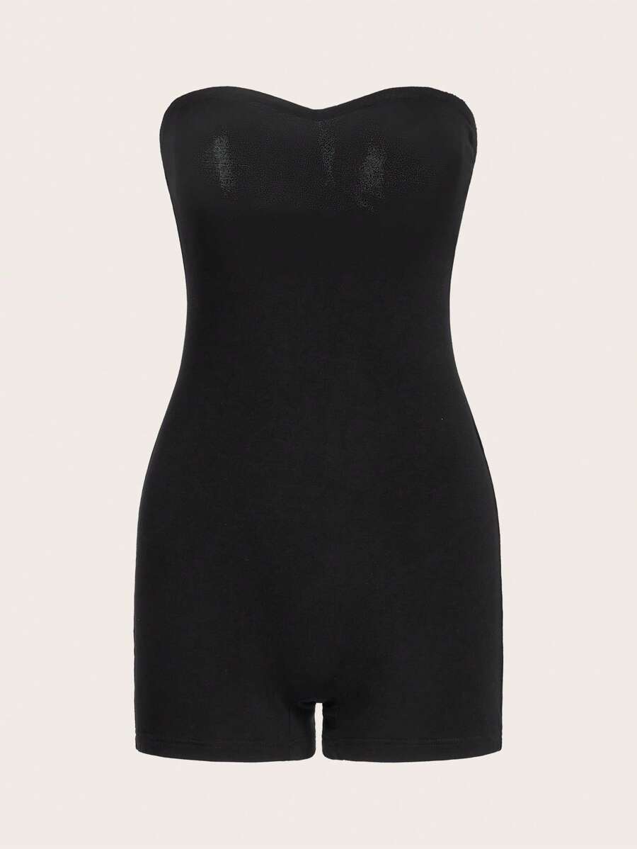 SHEIN EZwear 素色抹胸緊身連體褲 - 黑色 - 查看 1