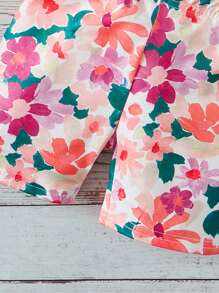 SHEIN 2pcs/Set Young Girl Floral Print Round Neck Short Sleeve T-Shirt And Shorts, Holiday Matching Set - Multicolor - View 4
