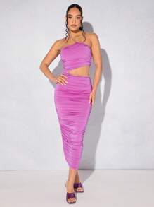 SHEIN BAE Vestido ajustado de un hombro con diseño de diamante de imitación fruncido - Morado - Ver 5