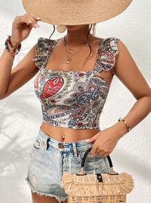 SHEIN VCAY Summer Women Paisley Print Crisscross Tie Backless Ruffle Trim Crop Top - Beige - View 5