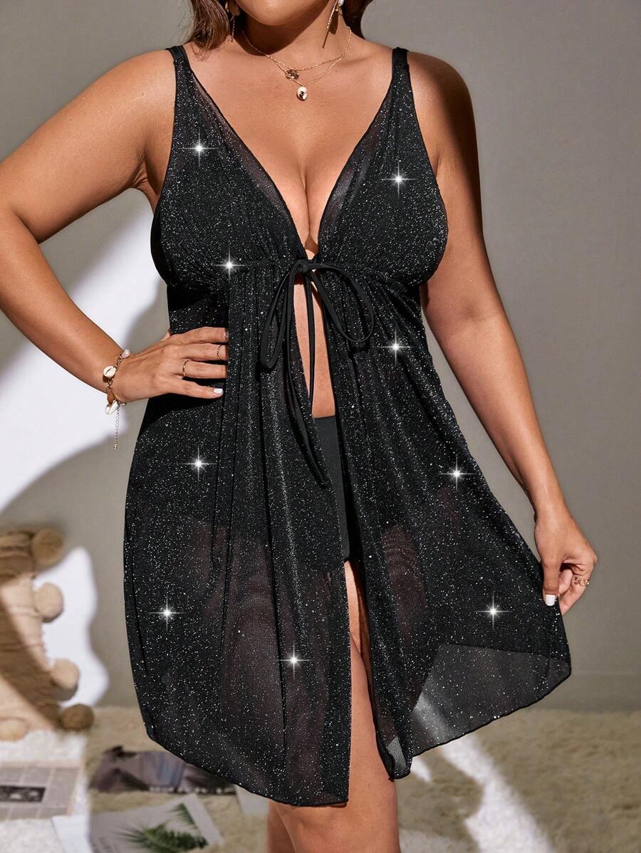 Plus Tie Front Glitter Kimono, For Summer Beach Vacation - Black - View 1