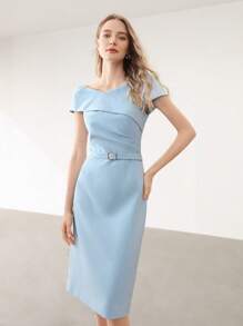 MOTF PREMIUM 腰帶一字肩中長連衣裙 - 淺藍色 - 查看 4
